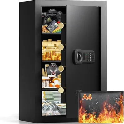 Produktbild von 90L Großer Tresor Feuerfest mit Feuerfester Dokumententasche & 3 Herausnehmbares Regal, Stahlsafe Möbeltresor mit 4 Bolzen & Alarmfunktion für Zuhause Dokumente & Wertsachen, 31T x 38B x 70H cm