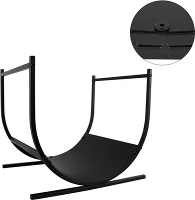 A black metal firewood rack shown against a white background.