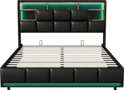 Image de Lit rembourré - Sommier 160 × 200 cm - Système de levage hydraulique - Lit avec coffre de rangement - Éclairage LED - Port de recharge USB