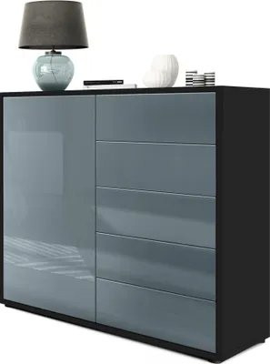 Produktbild von Vladon Sideboard Ben V2,  Germany, Kommode mit 1 Tür und 5 Schubladen, Schwarz matt/Grau Hochglanz (79 x 74 x 36 cm)