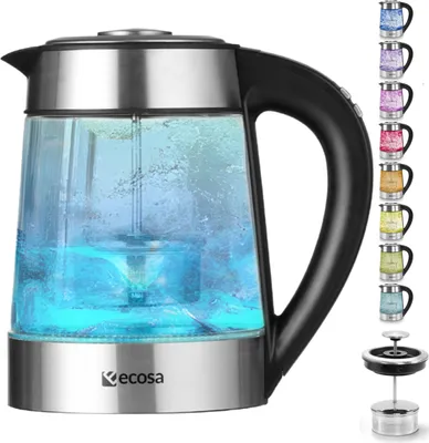A glass electric kettle with a black handle, filled with blue-tinted water, is shown against a white background. A series of smaller images of similar kettles in different colors are displayed to the right, along with a close-up of a filter component.