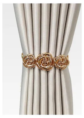 Produktbild von 4 Stück Vorhang Raffhalter, Metall Vorhang Clips mit Federseil für Gardinen (Goldene Blumen)