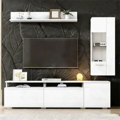 Image de Ensemble de meubles TV 3 pièces avec éclairage LED, finition brillante, pour salon : 1 meuble TV, 1 vitrine de salon, 1 étagère murale, blanc