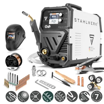 Immagine prodotto di Saldatrice ad arco schermato a gas STAHLWERK MIG/MAG 200 doppio impulso Pro - Completamente equipaggiata - Completamente sinergica con 200 A, funzione MMA, funzione impulso e doppio impulso