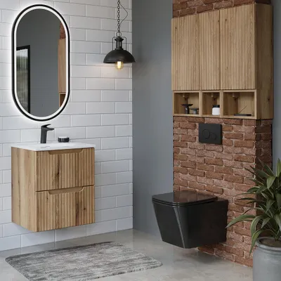 Produktbild von Badmöbel-Set 3-teilig mit 50 cm Waschtisch in Eiche mit gerillter Front - NEWPORT-56-EVOKE