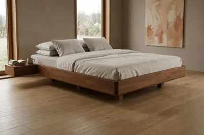 Produktbild von Schwebebett aus massivem Buchenholz Visby LENA FLAT mit Nachttischen, 160x200 cm, Farbe Nussbaum