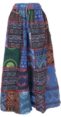Produktbild von Guru-Shop Stoffhose Damen Bequeme Palazzohose, weite Patchwork Marlenehose, Boho Schlaghose, Hosenrock - blau/bunt multicolor XL