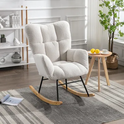 Obrázek produktu pro Sweiko 009 Moderní houpací křeslo z poloviny století z plyšové látky s všívaným potahem, čalouněný sedák do obývacího pokoje a ložnice, bílé provedení