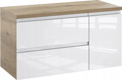 Produktbild von Furni Badunterschrank 90 cm Links mit Waschtischplatte – Eiche & Weiß Hochglanz, Vormontiert, Unterschrank für Aufsatzwaschbecken