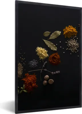 Produktbild von MuchoWow® Gerahmtes Poster Kräuter - Schwarz - Gewürze - Küche - Kochen 60x90 cm - Poster mit Schwarzem Bilderrahmen Wandposter Rahmen Foto Bilder - Kunst