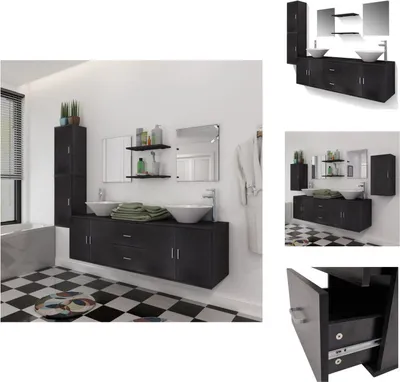 Image de vidaXL Ensemble de meubles de salle de bains 11 pièces avec lavabo et robinet noir - ensembles de meubles de salle de bains
