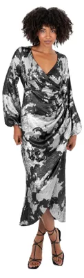 Produktbild von Lovedrobe Damen Kleid, Schwarz, Silberfarben, Metallic-Optik, Midi-Länge, lange Ärmel, V-Ausschnitt, Raffungen