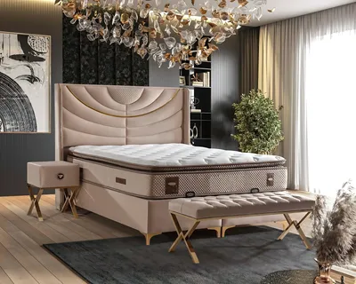 Zdjęcie produktu dla Eleganckie beżowe łóżko z materacem wykonanym z tkaniny i drewna