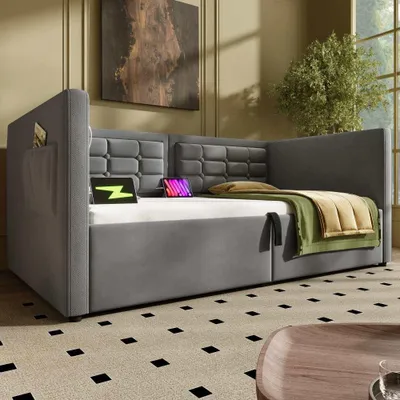 Produktbild von Schlafsofa aus Samt mit Hydraulik-Stauraum und USB/Type-C-Anschluss, Gästebett mit Holzlattenrost, ohne Matratze, Polsterbett 90x200 cm, Grau