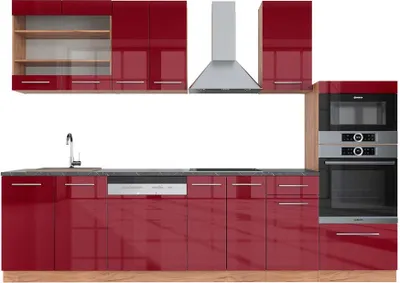 Produktbild von Küchenzeile Vicco Fame-Line Bordeaux Hochglanz/Goldkraft Eiche 300 cm mit Hochschrank, AP Anthrazit, Model 42200
