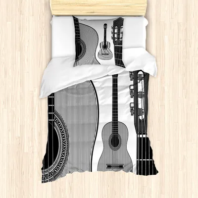 Produktbild von ABAKUHAUS Gitarre Mantele, Folk Country Music Theme, Milbensicher Allergiker geeignet mit Kissenbezügen, 135 cm x 200 cm - 80 x 80 cm, Schwarz-Weiss