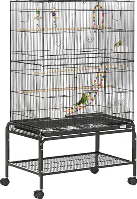 Produktbild von PawHut Vogelkäfig mit Rädern, 79 x 49 x 133 cm, Voliere aus Metall, großer Käfig mit Ständer mit 4 Futterspendern, 3 Sitzstangen, Spielzeug, abnehmbares Tablett, Regal für Kanariensittiche, Schwarz