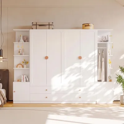 Immagine prodotto di Armadio con aste appendiabiti e ante, appendiabiti con maniglie in legno massello, mobiletto alto con cassetti, dimensioni 270 x 45 x 200 cm, colore bianco, materiali: legno e acciaio, Immagine generata dall'IA