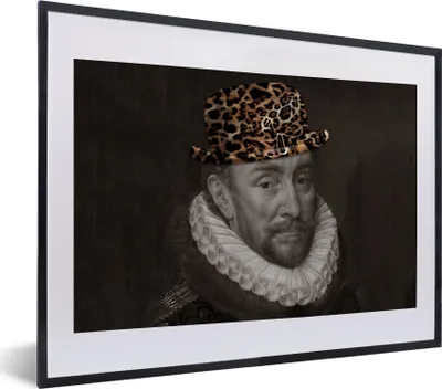Produktbild von MuchoWow® Gerahmtes Poster Wilhelm von Oranien - Hut - Pantherdruck 40x30 cm - Poster mit Schwarzem Bilderrahmen Wandposter Rahmen Foto Bilder - Bilderrahmen - Poster im Rahmen