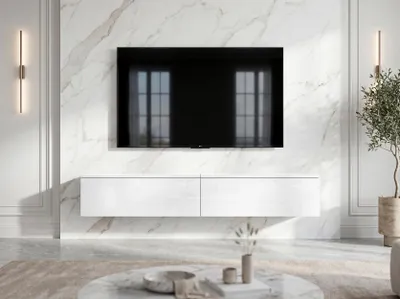 Image de AX LIVING Meuble TV bas 2x100 Barvo Blanc mat/brillant Suspendu