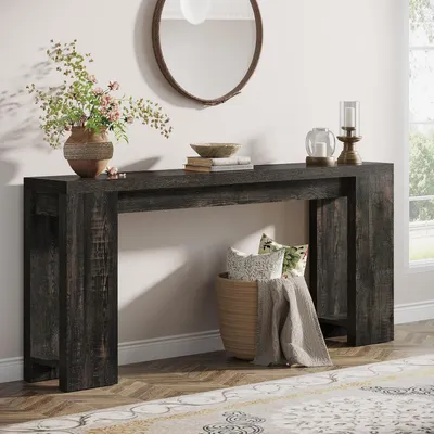 Image de Table d'appoint, table console, table d'entrée, table basse, en bois, style rustique, noire, 160 x 29,5 x 85 cm