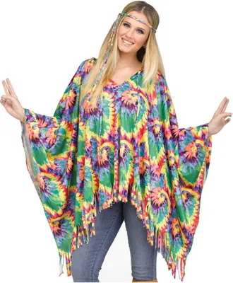 Produktbild von Bunter Hippie Poncho mit Haarband für Flower Power Motto Party & Karneval