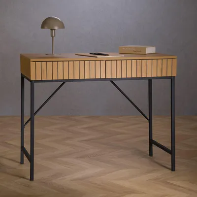 Produktbild von Konsolentisch PALE mit 2 Schubladen in Wildeiche Nachbildung -  Schmaler Flurtisch in Holzoptik mit Rillendesign, Ablagetisch modern mit Stauraum