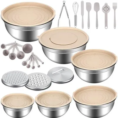 Productafbeelding van Unyqoos® Rührkompleet van roestvrij staal, 6-delig (30/26/22/20/18/16 cm, 6,5–1,2 L) met luchtdichte deksels, raspaccessoires, roestvrij en vaatwasmachinebestendig