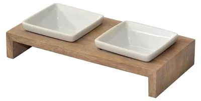 Produktbild von Replus Meshidai Futterstation für Hunde mit zwei Schalen aus Schieferholz und Keramik