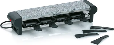 A raclette grill with a granite top and multiple small pans underneath, along with several spatulas.