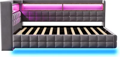 Produktbild von Merax Polsterbett Schlafsofa 90x200cm mit LED-Beleuchtung, Tagesbett mit Hydraulischer Stauraum und Holzregal, USB-Ladeanschlüsse, Samtstoff, Grau