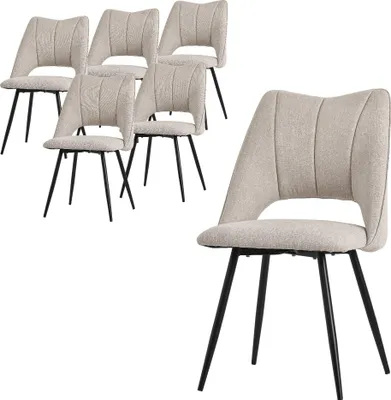A set of six beige dining chairs with black metal legs, with one chair prominently displayed in the foreground.