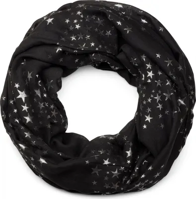 A black infinity scarf with silver star print, laid out in a circular shape against a white background.