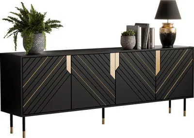 Produktbild von MIRJAN24 Kommode Mountain 4D 200, Sideboard mit vier Drehtüren, Metallfüße, 204x40x72 cm, Dekoration in der Farbe Gold (Farbe: Schwarz / Schwarz + Gold)