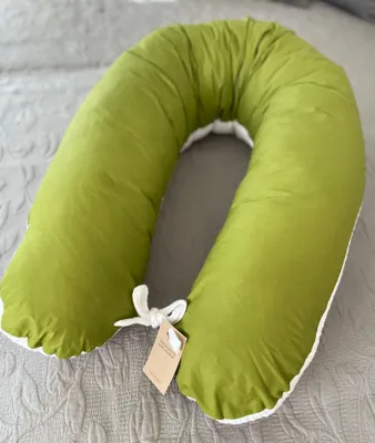 Produktbild von 170 cm M/L Kissen Seitenschläferkissen Schwangerschaftskissen Stillkissen Bezug Waffelpique WEIß/ Glatt Olive Grün Blumen Relaxkissen Schlafen LOOLAY