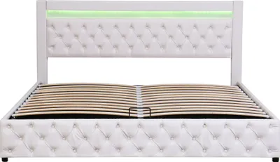 Produktbild von Merax hydraulisches Boxspringbett 180x200cm Polsterbett mit LED-Beleuchtung, Lattenrost und Stauraum, Stauraumbett Funktionsbett Doppelbett aus Kunstleder, Weiß