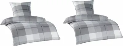 Two sets of bedding with a plaid pattern.
