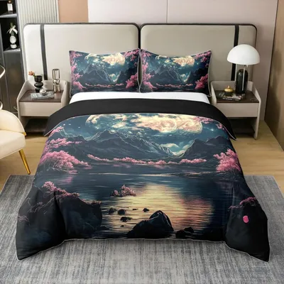 Obrázek produktu pro Sada povlečení 220x240 cm, motiv třešňových květů, 100% bavlna, růžová a černá barva. Obsahuje 2 povlaky na polštáře 80x80 cm