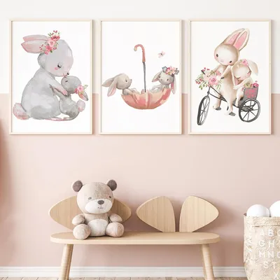 Produktbild von Kinderzimmer Zamety Pictures Kinderzimmer Deko, 3er Set Poster 30 x 40, Poster Kinderzimmer rosa Hase, wunderschönes rosa Wandposter, Babyzimmer Deko,