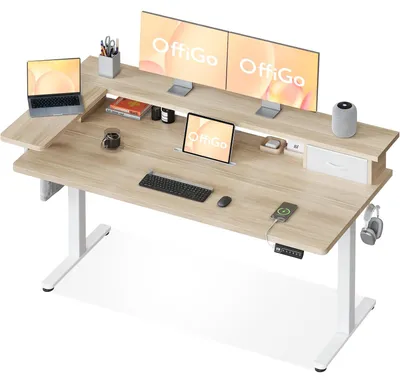 Elektrisch höhenverstellbarer Schreibtisch mit Schublade, Beige, 140x60 cm