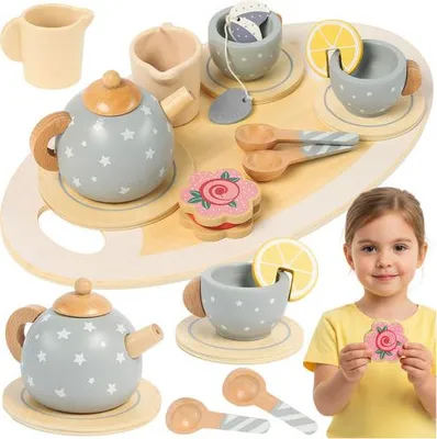 Produktbild von Kinder-Teeservice aus Holz mit Zubehör - Grau