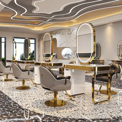 Produktbild von 360Home Frisiertisch mit LED Spiegel Stylingstation Bedienplatz Friseursalon Schrank mit Schubladen Frisierplatz mit Edelstahlrahmen gold D-2-Sitzer