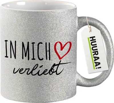 Produktbild von Huuraa Glitzertasse In mich verliebt 330ml Silber Keramik Kaffeebecher Geschenkidee