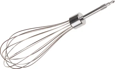 A silver whisk attachment for a kitchen appliance, isolated on a white background.