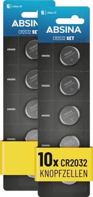Produktbild von ABSINA Knopfzellen CR2032 3V 10er Pack - Batterien CR2032  Lithium Batterien