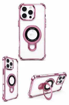Produktbild von MagSafe Handyhülle für iPhone 16 Pro Max Transparent Rosa – Case mit 360° drehbarem Ring-Ständer, stoßfeste Schutzhülle mit Kameraschutz