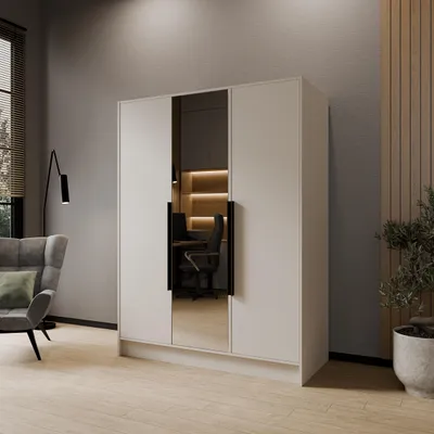 Image de Armoire à portes battantes LARO 150 cm Armoire moderne avec miroir et portes lisses, cachemire avec poignées noires