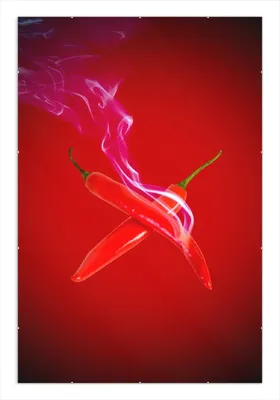 Produktbild von Wallario Wandbild Rauchende Chili-Schoten im Duo vor rotem Hintergrund, Größe: 61 x 91,5 cm, Poster mit rahmenlosen Bildhalter
