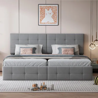 Productafbeelding van Boxspringbed 180x200 cm met opbergruimte, hydraulisch verstelbaar bed met fluweelstof in grijs, tweepersoonsbed dat kan worden opgedeeld in twee bedden van 90x200 cm, verstelbaar hoofdeinde
