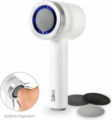 A white electric callus remover with a blue ring around the roller, shown with three different grit rollers. A circular inset shows how the device is used on a foot, with arrows indicating suction.